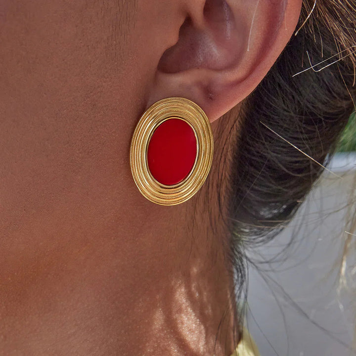 Gold Plated Enamel Stud Oval Retro Earrings for Women