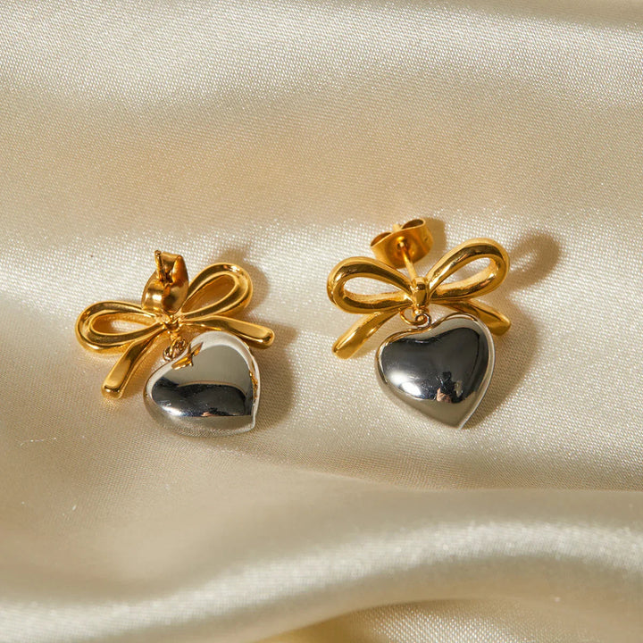 Gold and Silver Two-Tone French Knot Heart Earrings