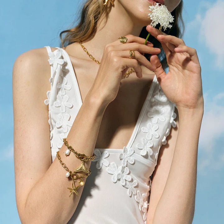 Gold-Plated Freshwater Pearl Bracelet with Mermaid Tail Pendant