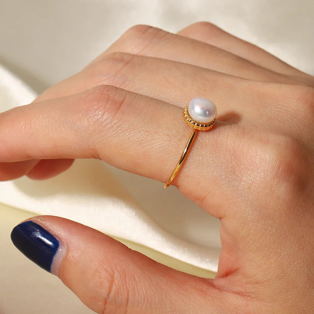 Gold-Plated Faux Pearl Adjustable Ring for Women