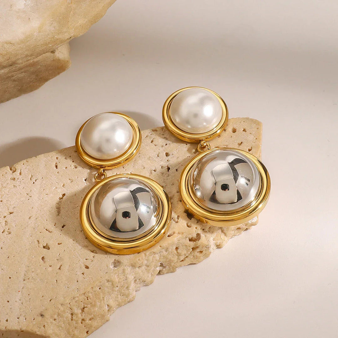Gold-Plated Faux Pearl Dome Drop Earrings