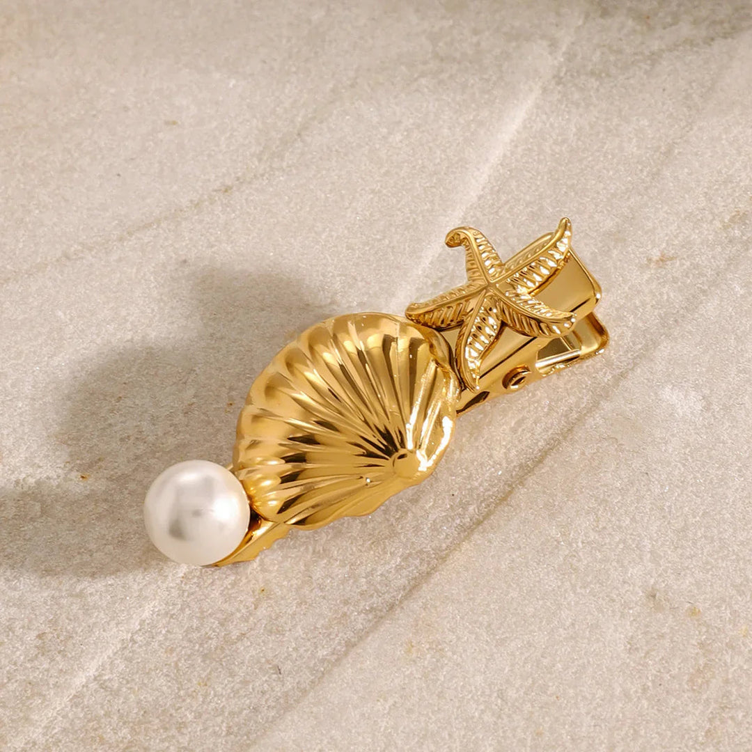 Gold-Plated Seashell Starfish and Faux Pearl Hair Clip