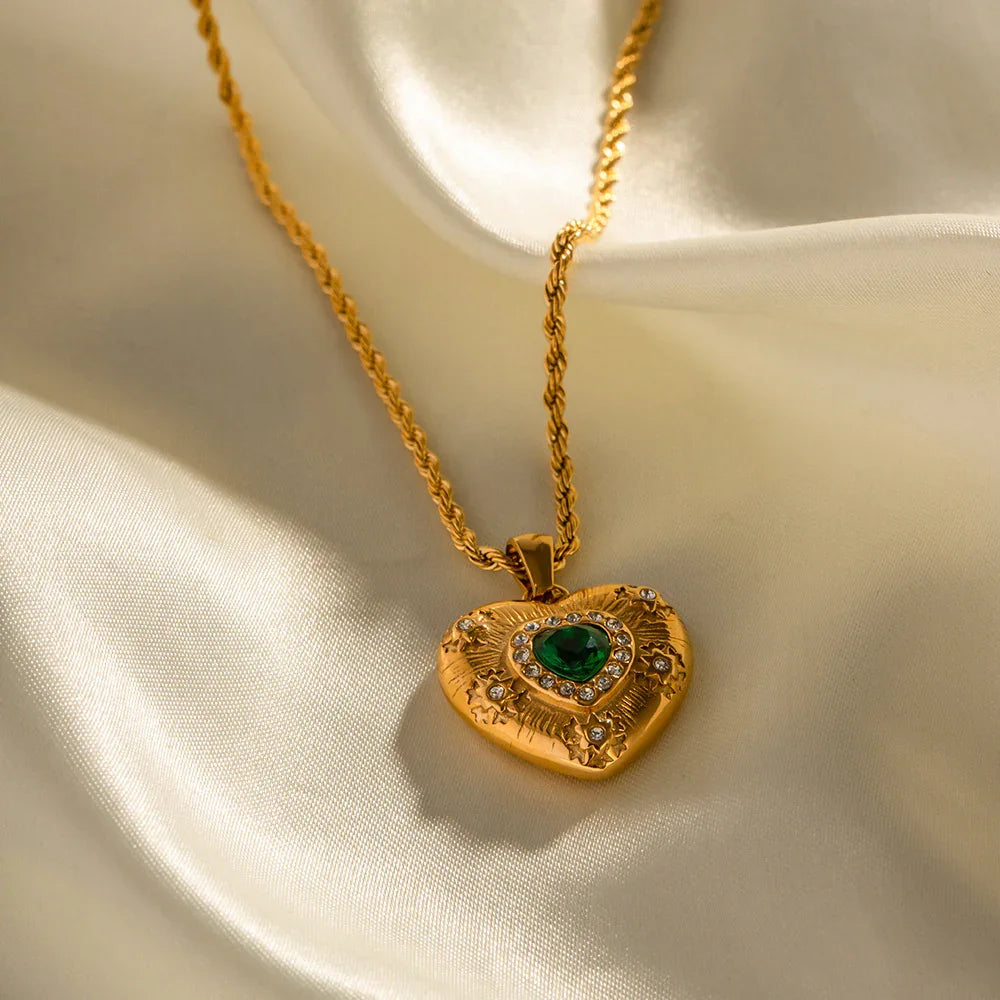 Gold-Plated Heart Necklace with Emerald Center and Diamond Simulants