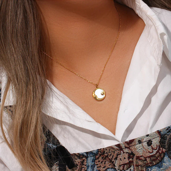 Gold-Plated CZ Lunar Pendant Necklace for Women