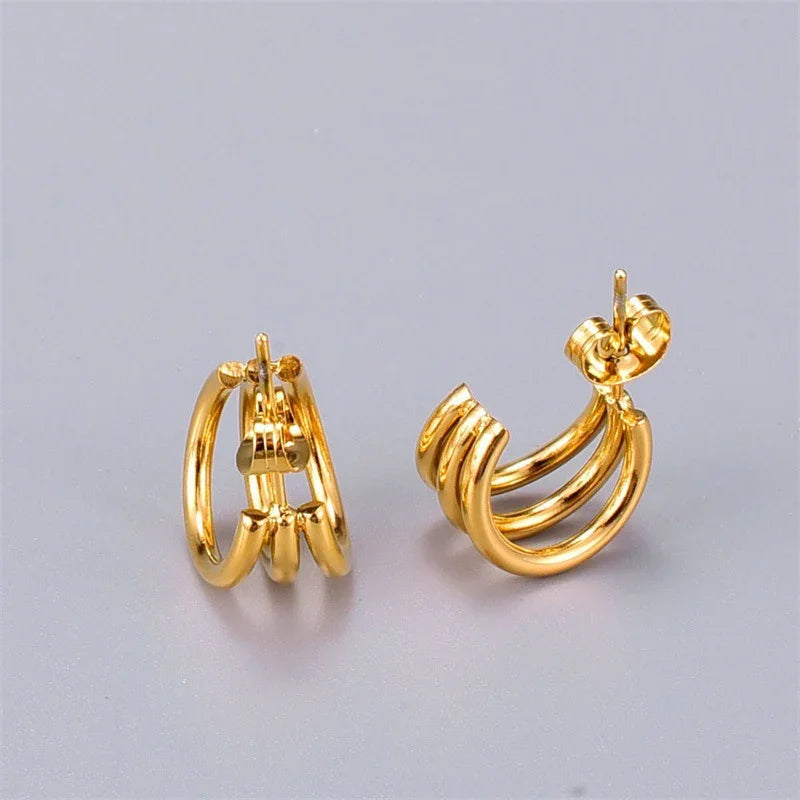 Gold-Plated Hoop Earrings Women Triple Band