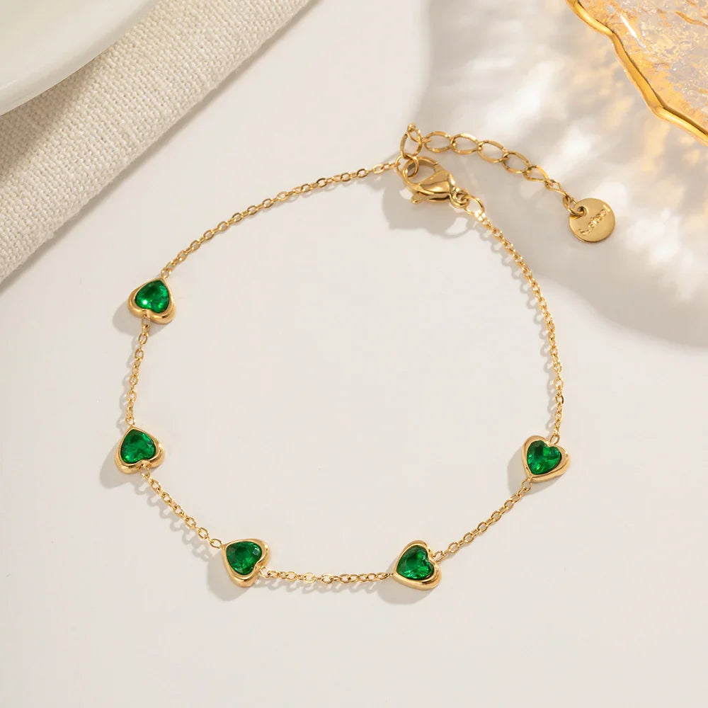 Gold-Plated Bracelet with AAAAA Diamond Simulants and Heart-Shaped Stones