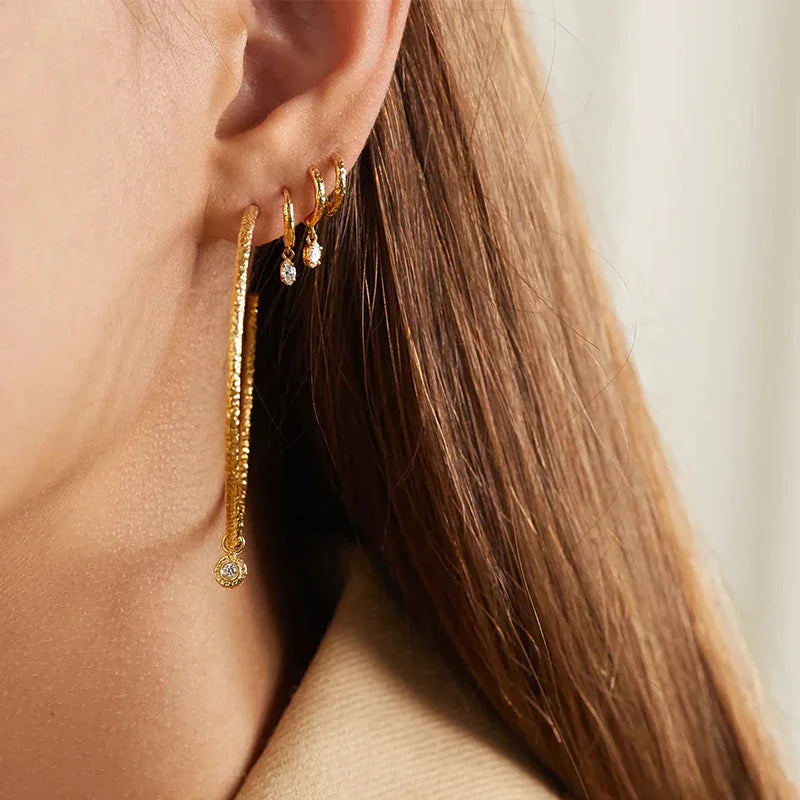 Gold-Plated Hammered CZ Hoop Earrings for Women