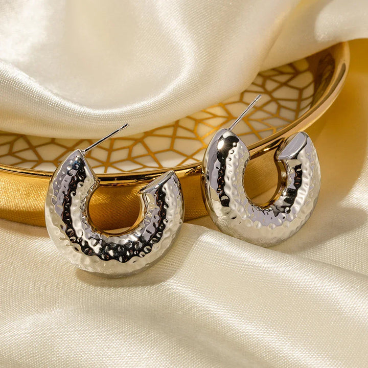 Hammered Stainless Silver Hoop Earrings