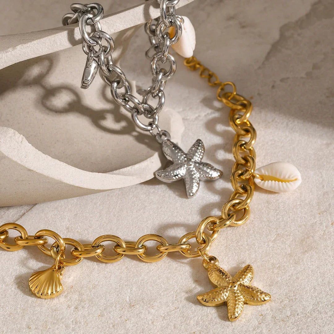 Gold-Plated Bracelet with Starfish, Shell, and Conch Pendants