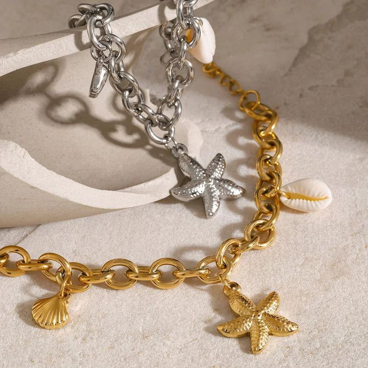 Gold-Plated Bracelet with Starfish, Shell, and Conch Pendants