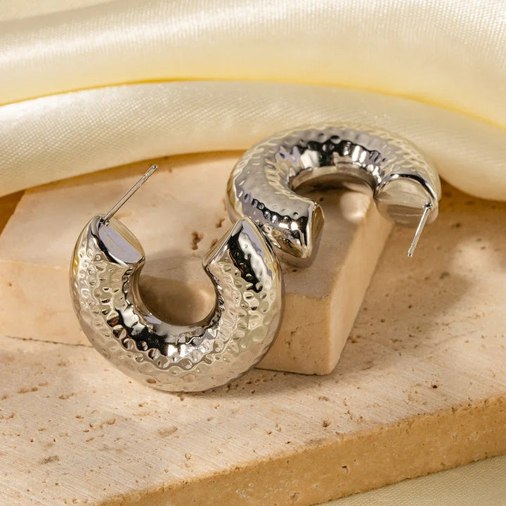 Hammered Stainless Silver Hoop Earrings