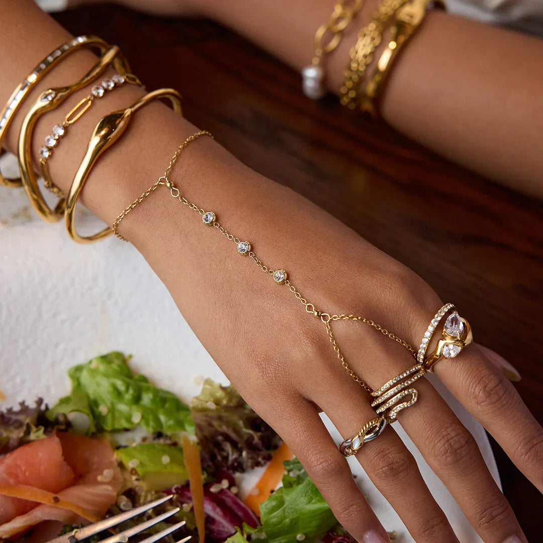 Gold Plated Cubic Zirconia Hand Chain Bracelet for Women