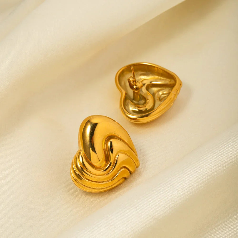 Gold-Plated Heart Earrings with Wavy Design