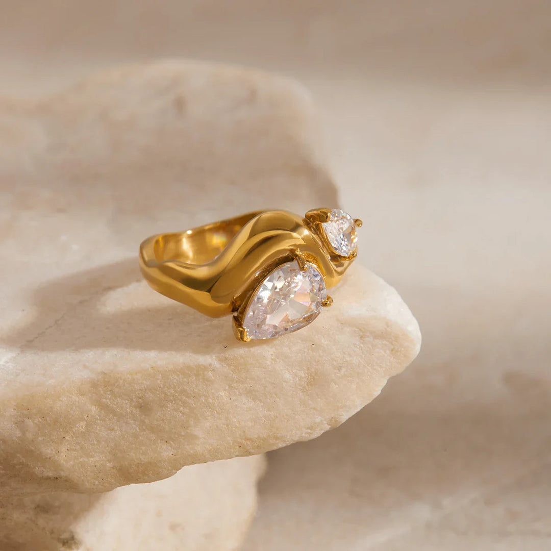 Gold Plated Cubic Zirconia Teardrop Statement Ring for Women
