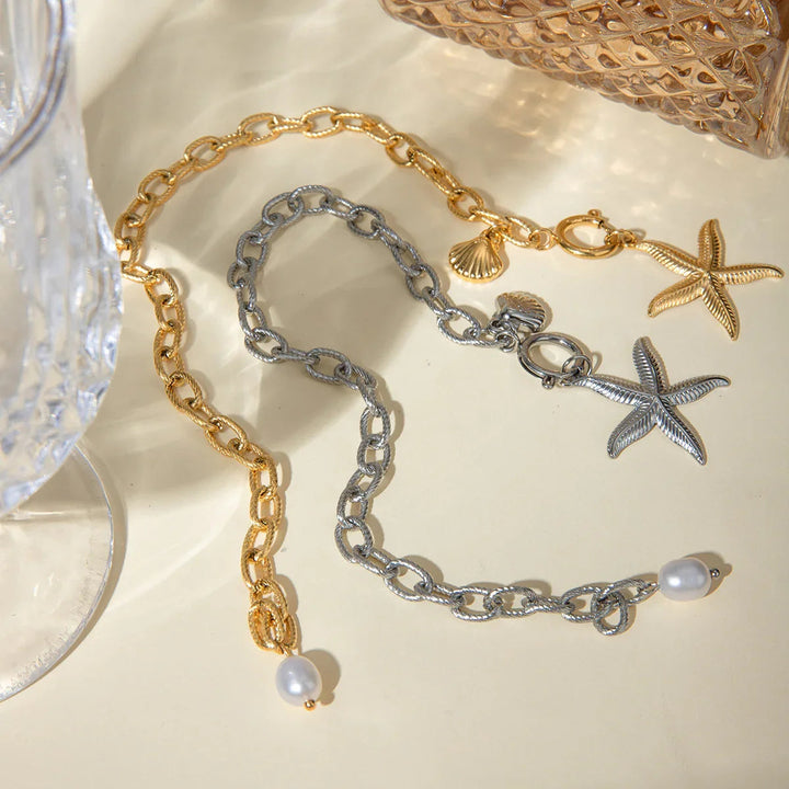 Gold-Plated Freshwater Pearl Bracelet with Starfish and Seashell Pendants