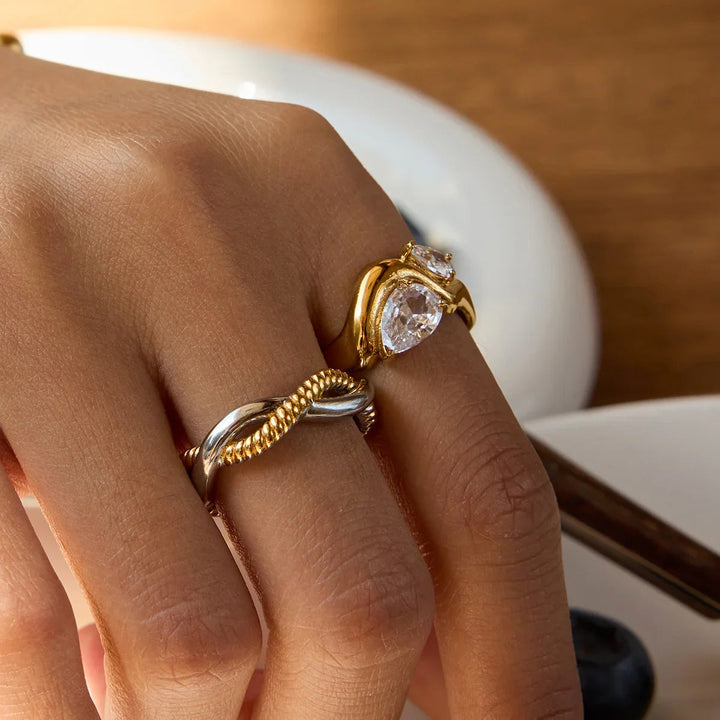 Gold Plated Cubic Zirconia Teardrop Statement Ring for Women