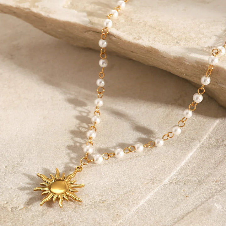 Gold-Plated Sun Pendant Freshwater Faux Pearl Necklace