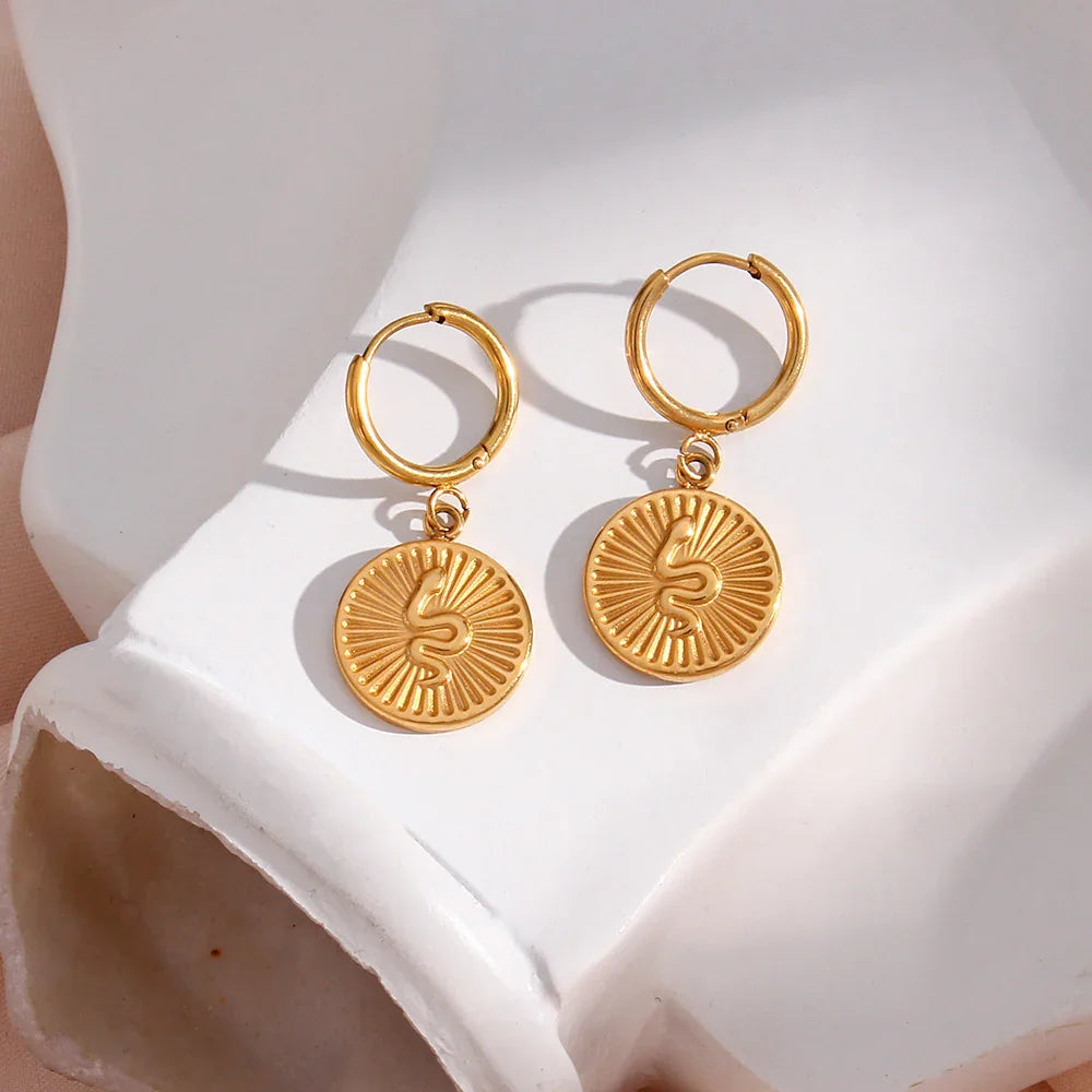 Gold-Plated Serpent Coin Drop Earrings for Women