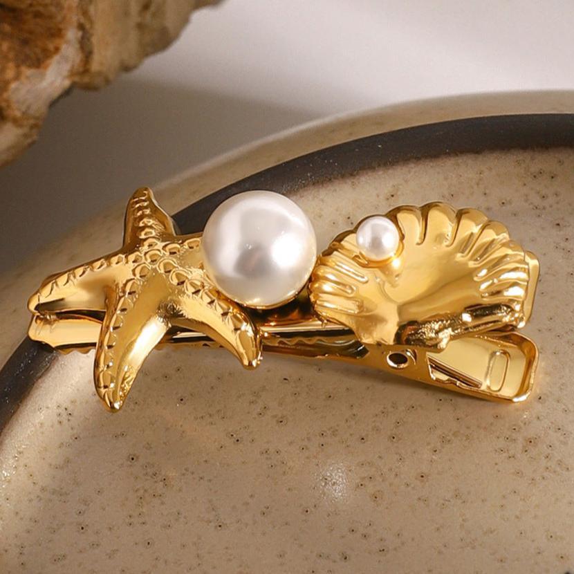 Gold-Plated Sea Shell &amp;amp; Starfish Hair Clip with Faux Pearl