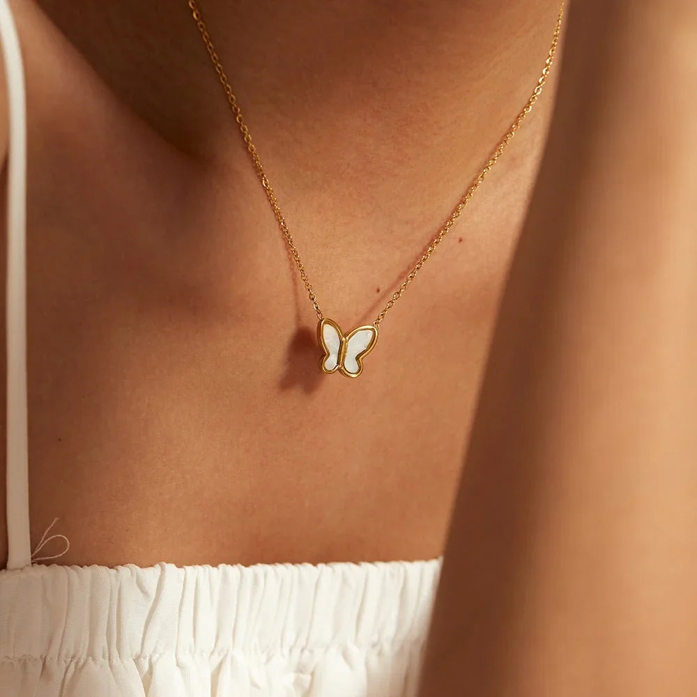 Gold-Tone Butterfly Pendant Necklace with Faux Pearl-Look Detail
