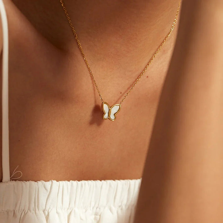 Gold-Tone Butterfly Pendant Necklace with Faux Pearl-Look Detail