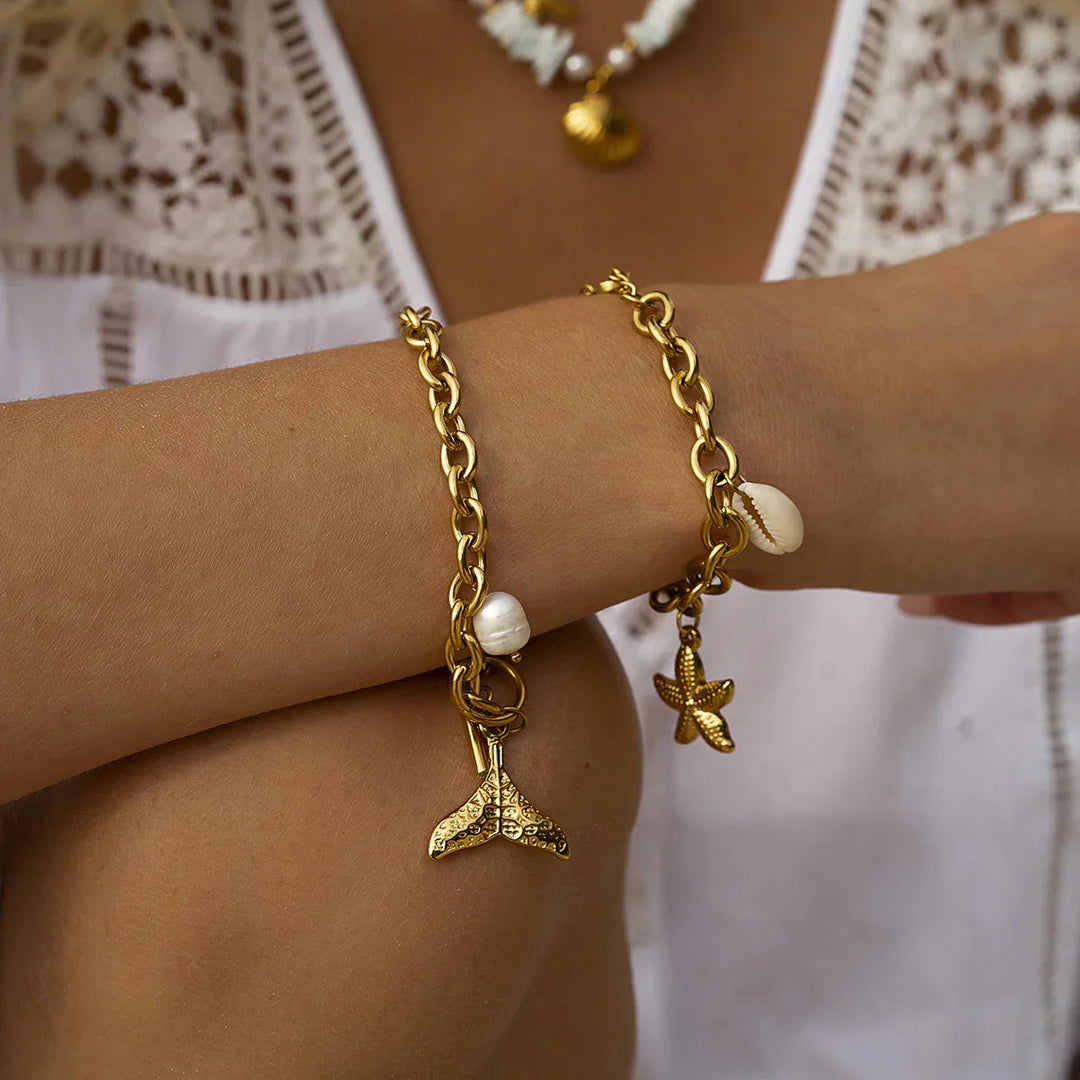 Gold-Plated Freshwater Pearl Bracelet with Mermaid Tail Pendant