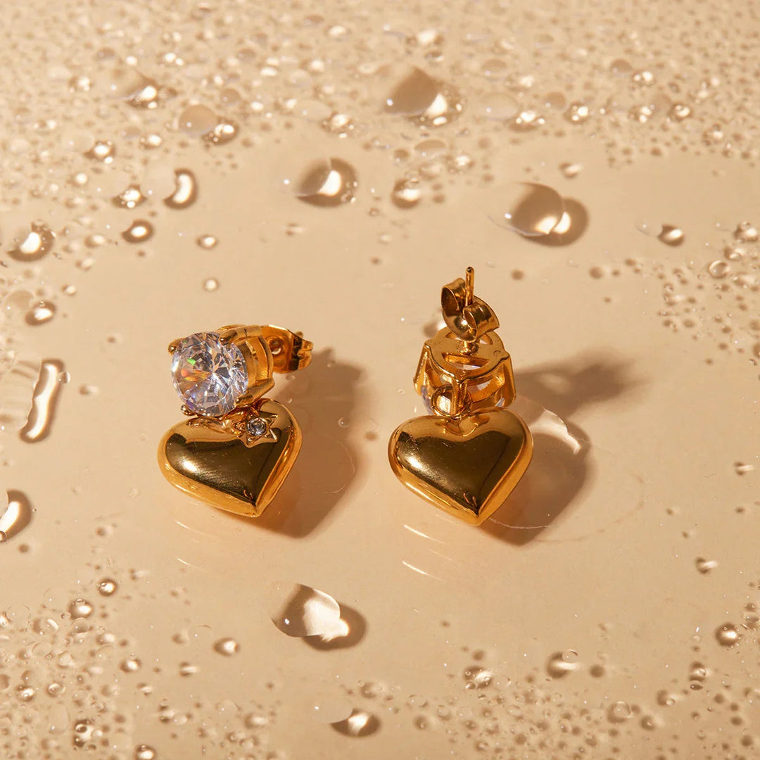 Gold-Plated Heart Earrings with CZ Diamond Simulant