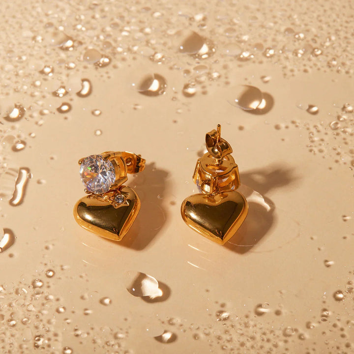 Gold-Plated Heart Earrings with CZ Diamond Simulant