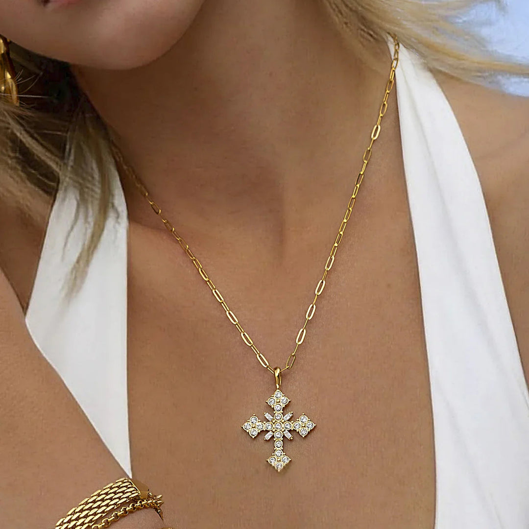 Gold-Plated Crystal Cross Pendant Necklace