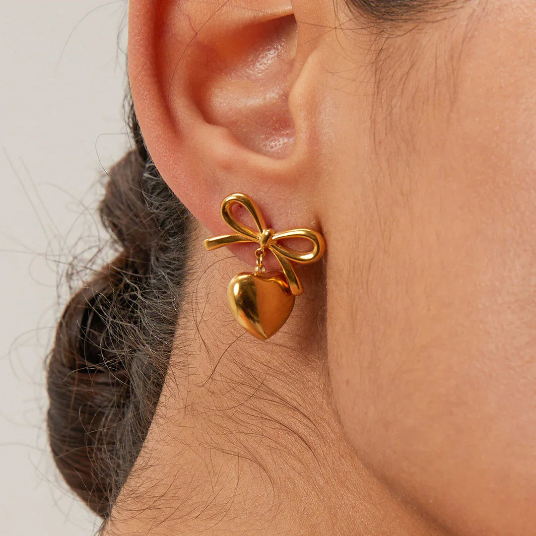 Gold Heart French Knot Earrings with Waterproof