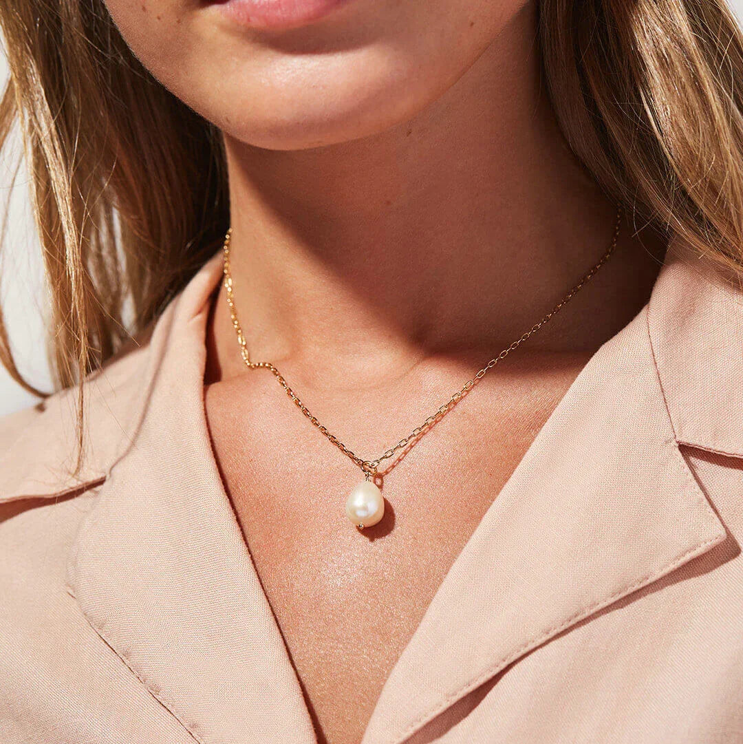 Gold-Tone Oval Faux Pearl Drop Necklace