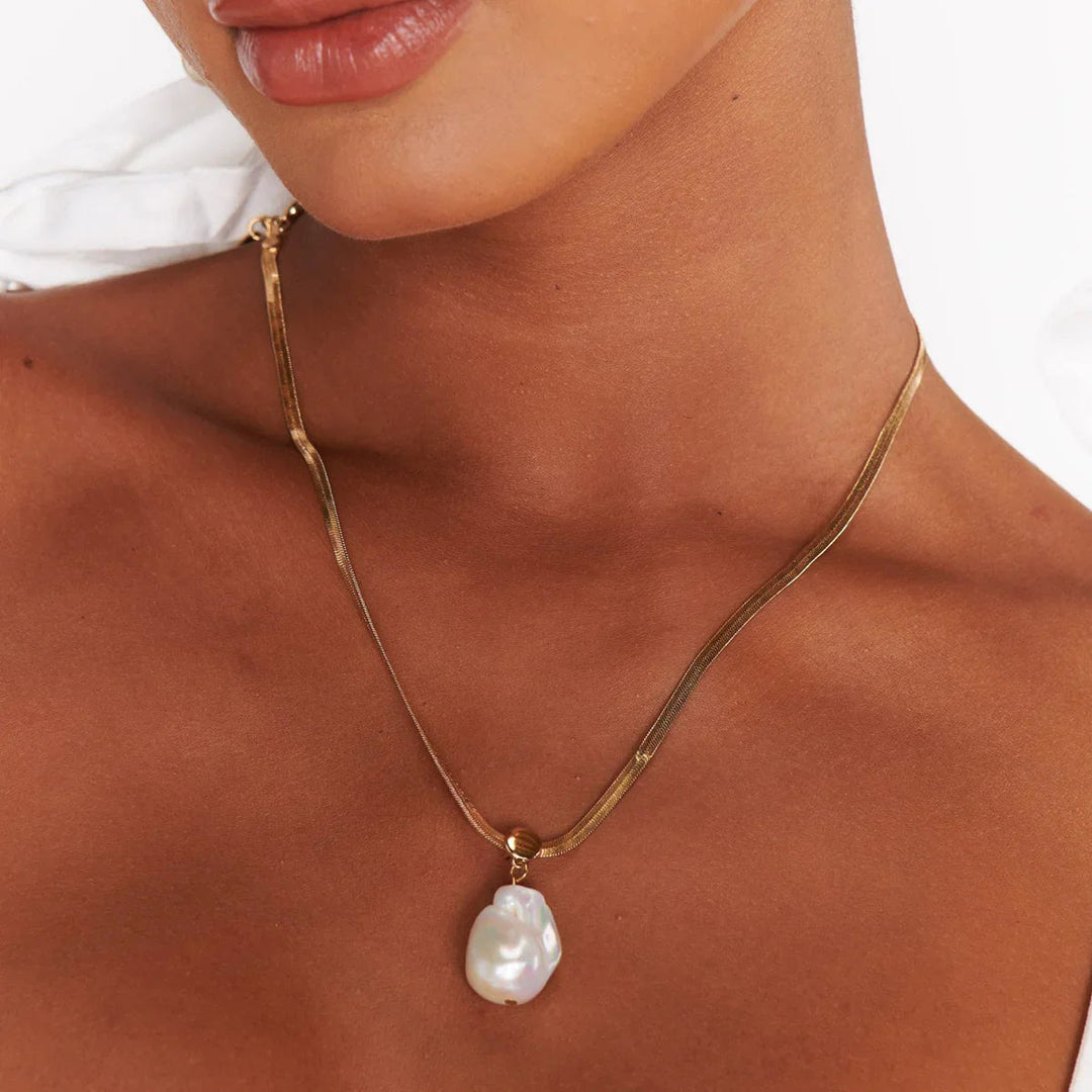Gold-Plated Faux Pearl Herringbone Pendant Necklace