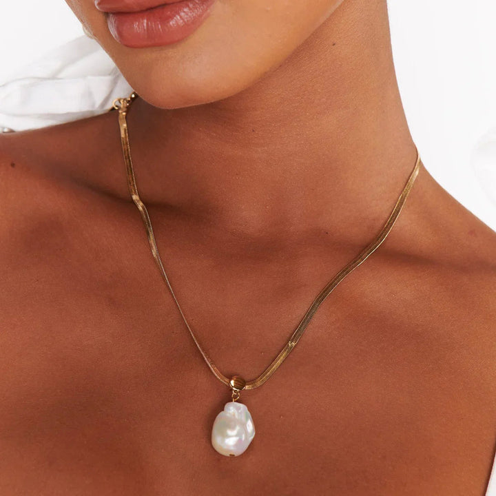 Gold-Plated Faux Pearl Herringbone Pendant Necklace