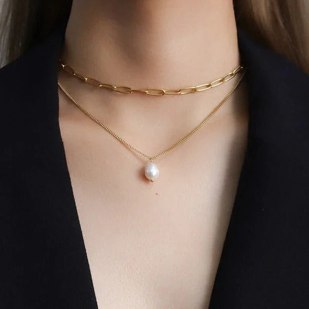 Gold Plated Faux Pearl Layered Pendant Necklace for Women