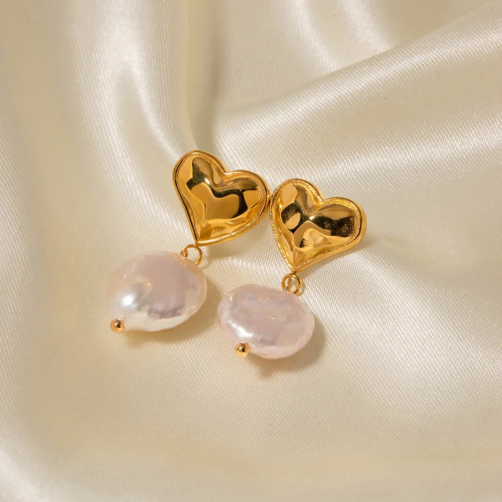 Gold-Plated Freshwater Pearl Earrings with Heart Design