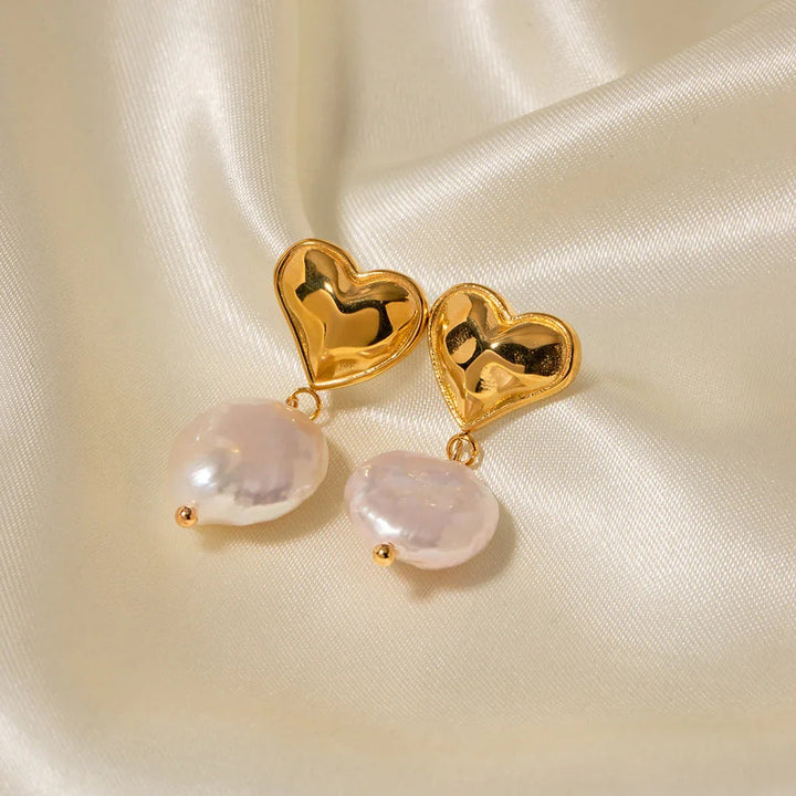 Gold-Plated Freshwater Pearl Earrings with Heart Design