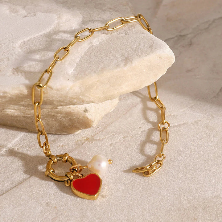 Gold-Plated Heart Chain Pearl Bracelet