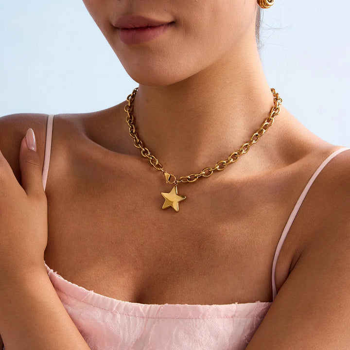 Gold-Plated Stainless Steel Star Pendant Necklace for Women