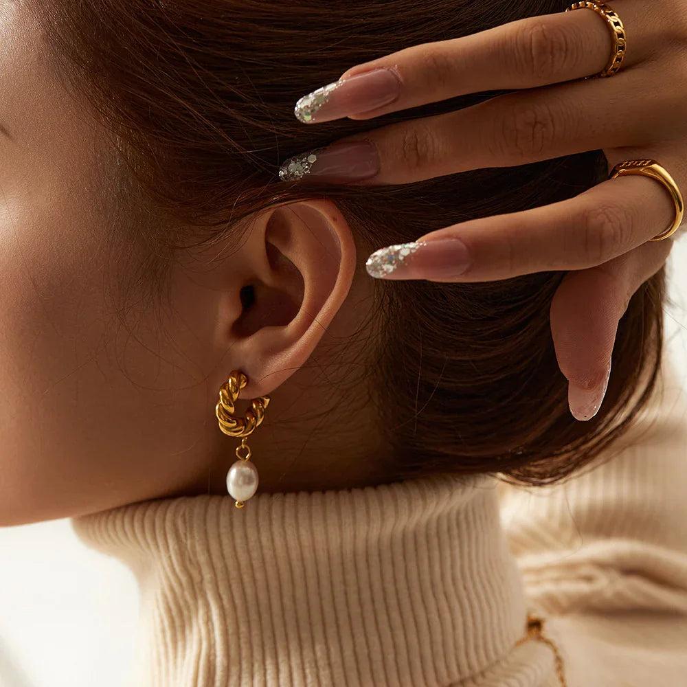 Gold-Plated Stainless Steel Twisted Faux Pearl Drop Earrings for Women