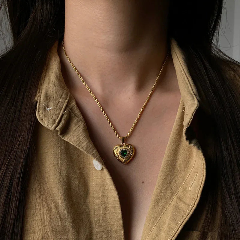 Gold-Plated Heart Necklace with Emerald Center and Diamond Simulants