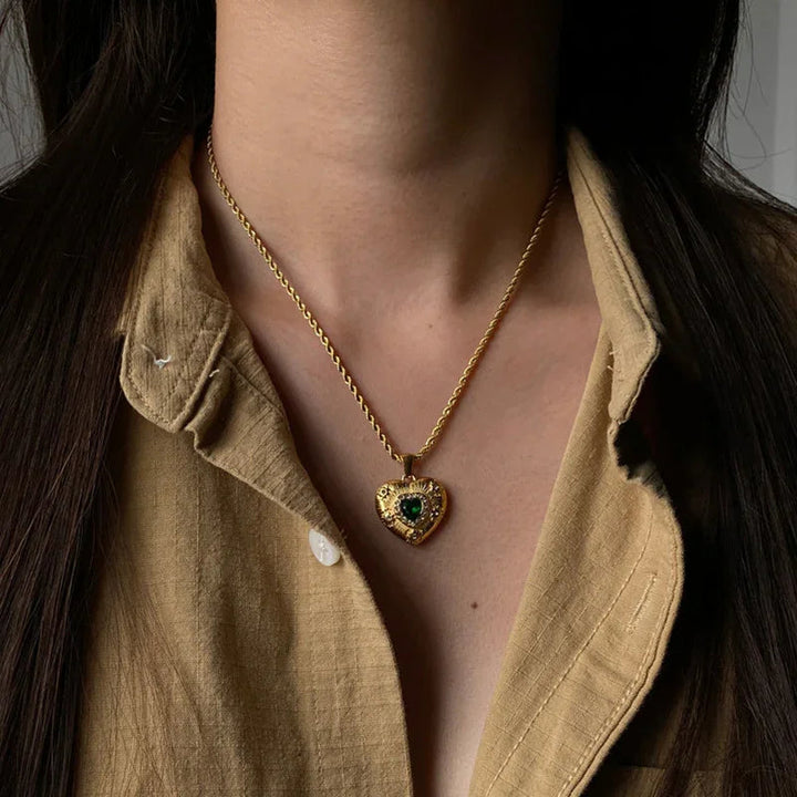 Gold-Plated Heart Necklace with Emerald Center and Diamond Simulants