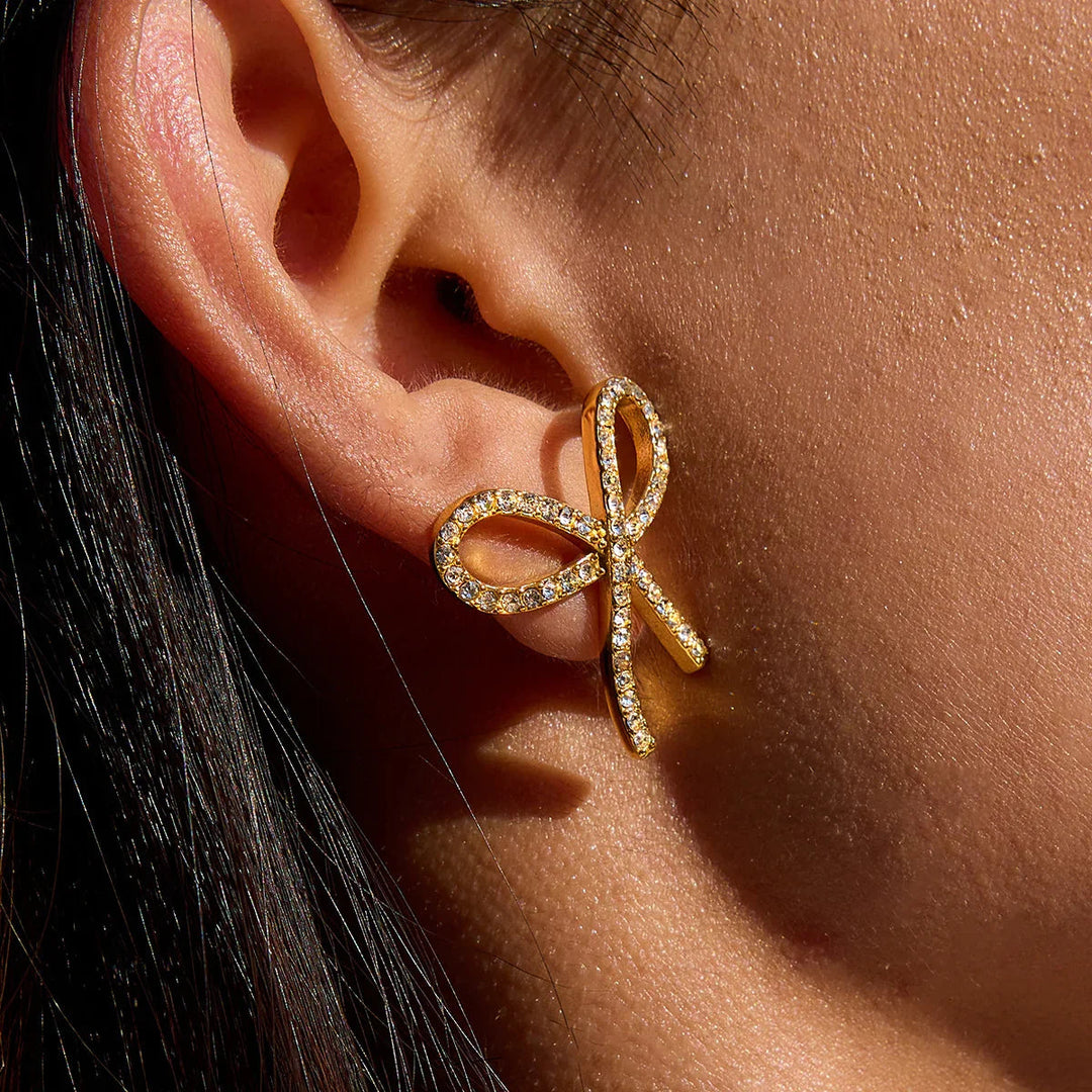 Gold Plated Bow Stud Cubic Zirconia Earrings for Women