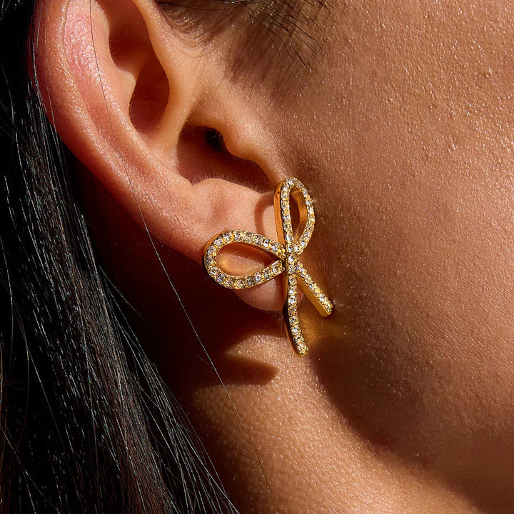 Gold Plated Bow Stud Cubic Zirconia Earrings for Women