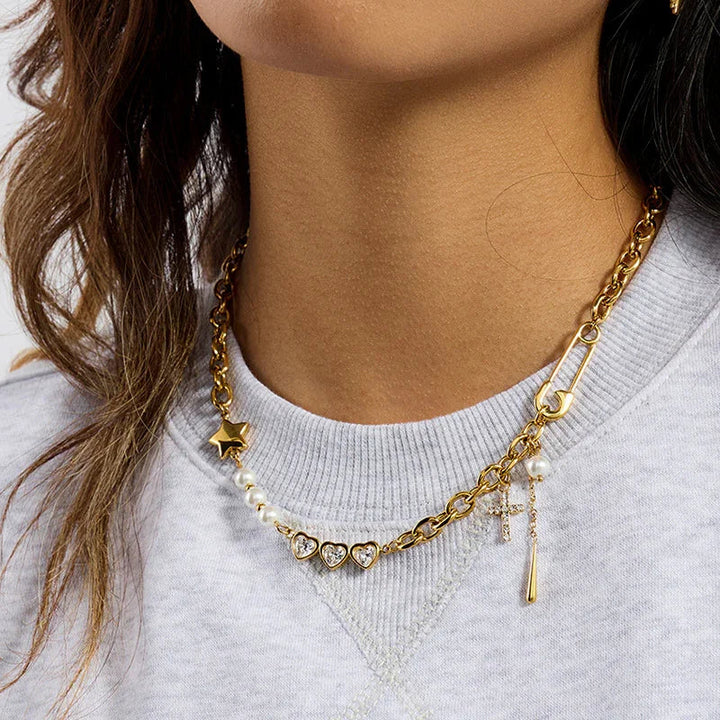 Gold Plated Cubic Zirconia Faux Pearl Chain Necklace for Women