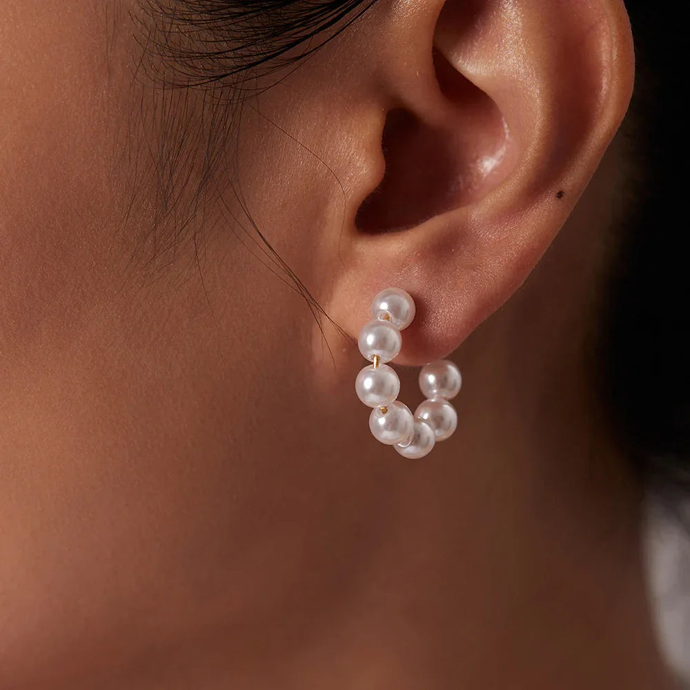 Gold-Plated Faux Pearl Hoop Earrings for Women