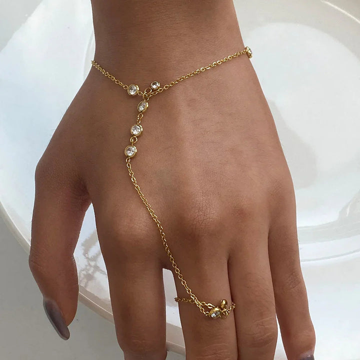 Gold-Plated Cubic Zirconia Hand Chain Bracelet for Women
