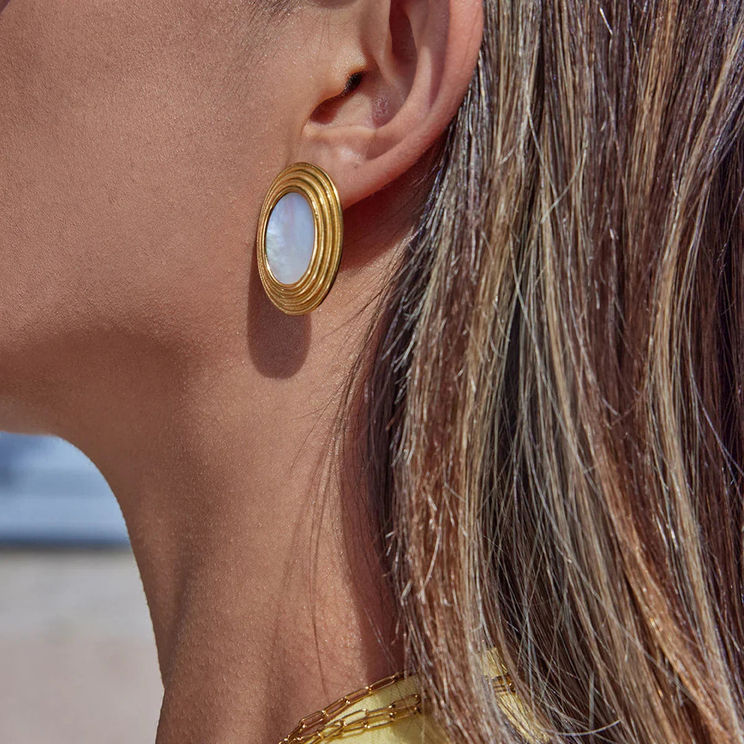 Gold Plated Enamel Stud Oval Retro Earrings for Women