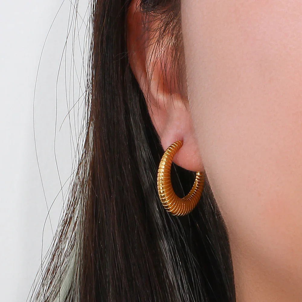Gold-Plated Ridged Hoop Earrings for Women