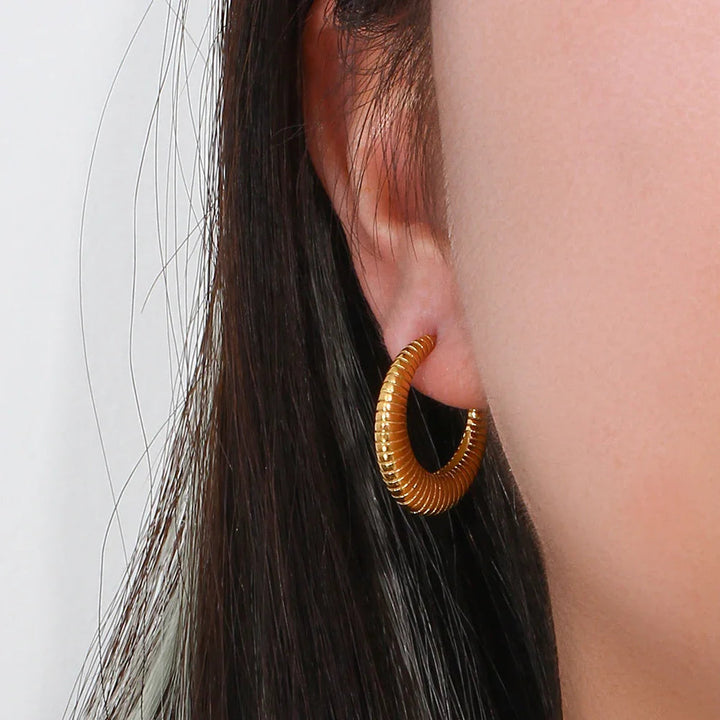 Gold-Plated Ridged Hoop Earrings for Women