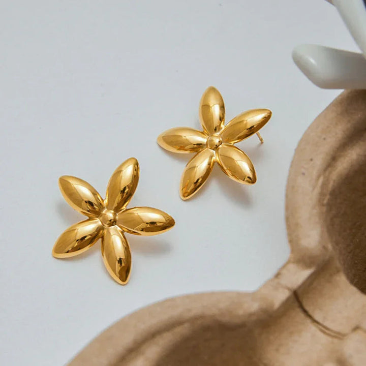 Gold Plated Stainless Steel Floral Stud Earrings for Women